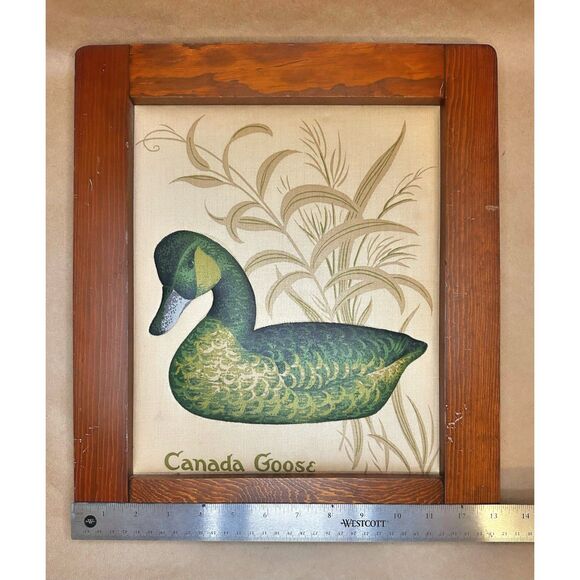 Vtg Fabric Panel of a Canada Goose in Handmade Wood Frame15x13" Ducks Waterfowl - Picture 2 of 6